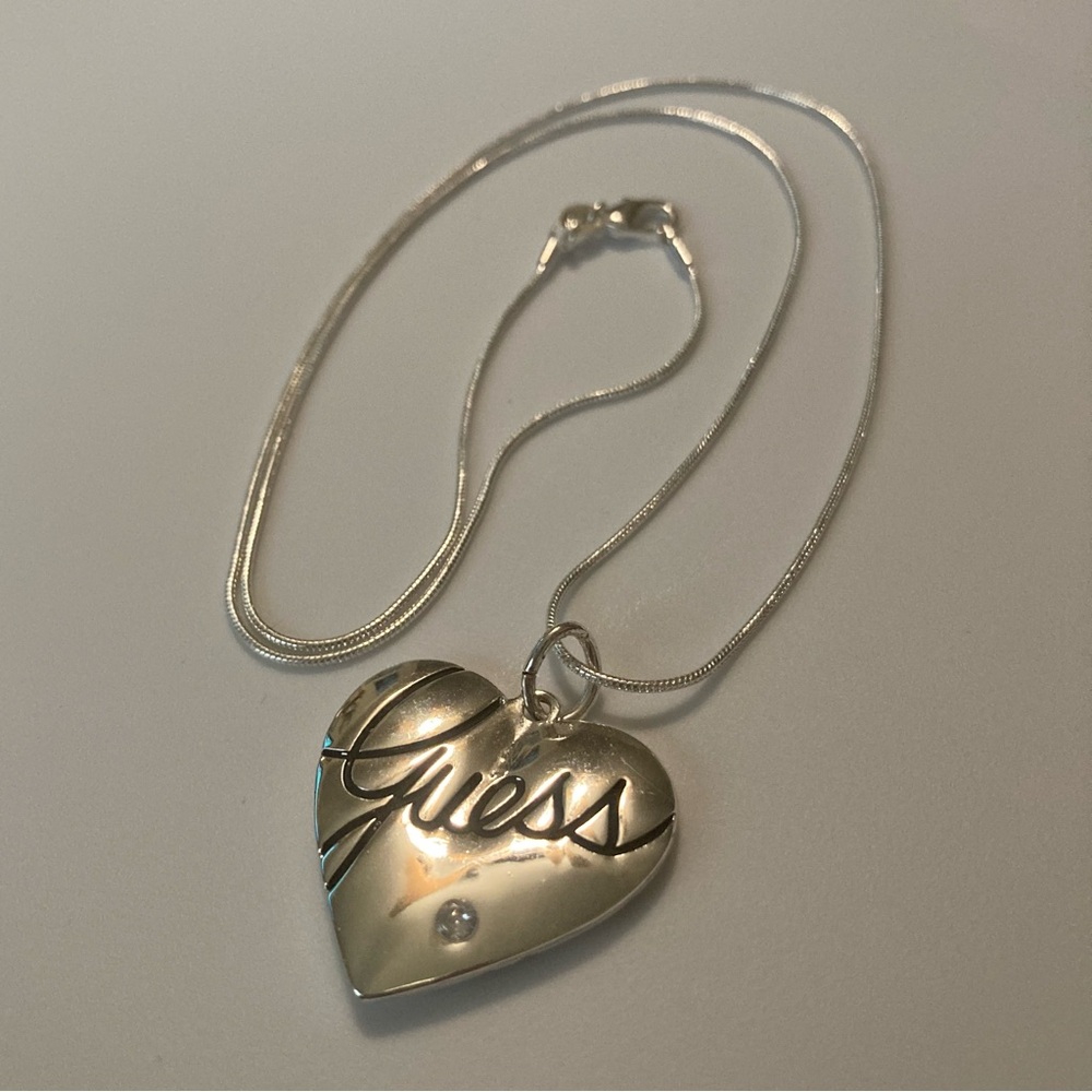 GUESS Silver Logo Heart Long Pendant Necklace 23” 925 Chain